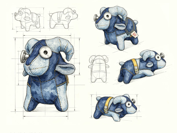 Concept design sheet of the denim curled-horn ram plush keychain showing multiple angles, patchwork denim body, asymmetric round eyes, curled horns and yellow collar tag.