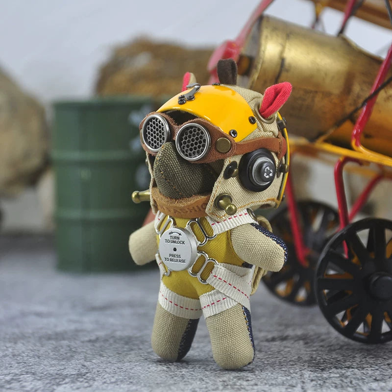 Gothic pilot dog figure wearing dark leather bomber jacket and vintage flight goggles. Macabre artisan designer art toy, dark collectible.