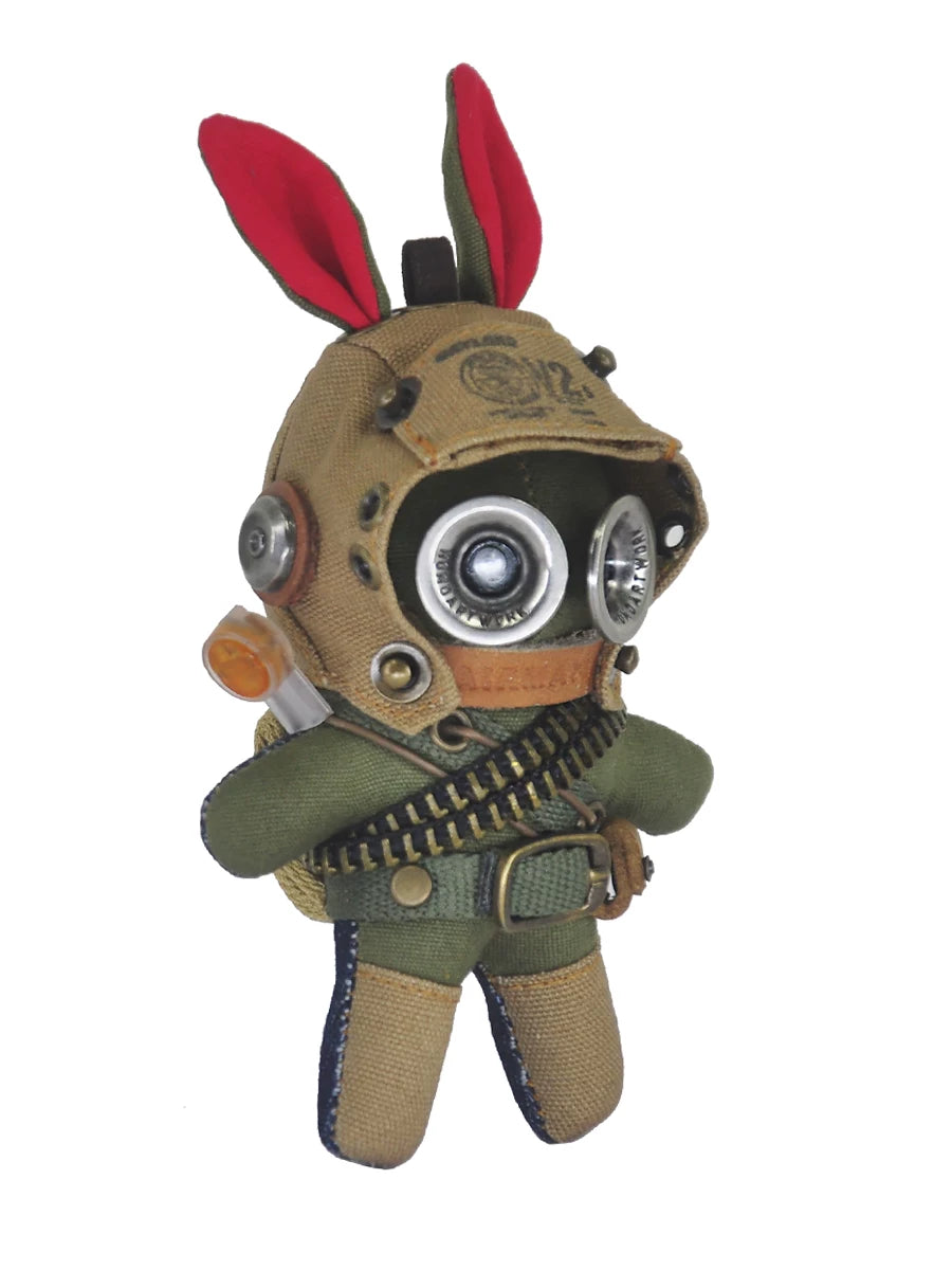 Tac-bunny with red bunny ears beneath armored helmet and ammo bandolier. Dark military aesthetic, gothic artisan art toy collectible.