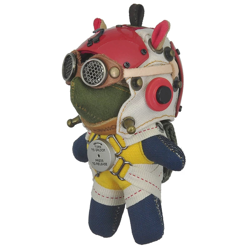 Gothic vintage aviator dog with leather flight cap and round protective goggles. Dark artisan art toy, macabre collectible keychain.