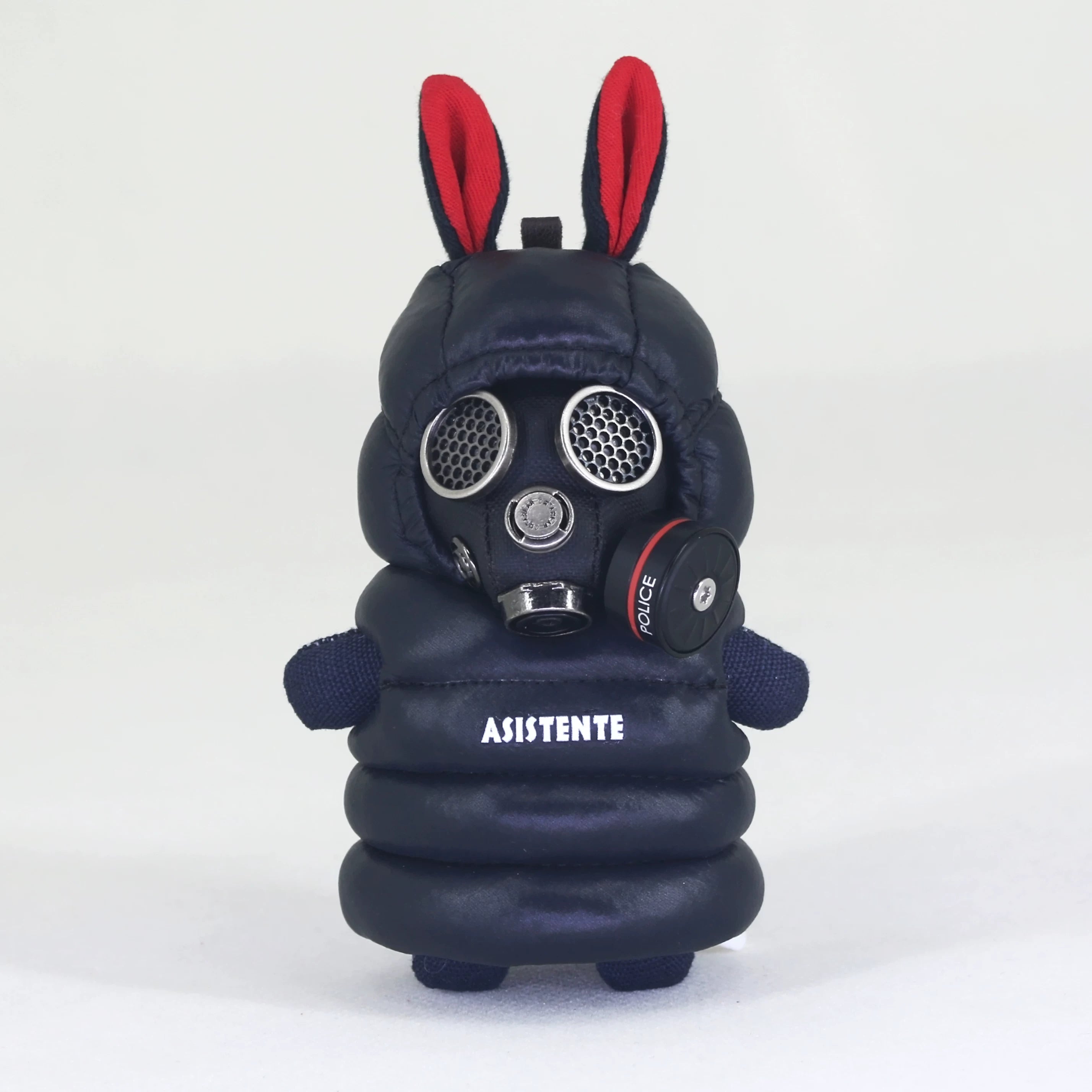 Techwear bunny with detailed gas mask and armored jacket. Dark gothic artisan designer art toy, macabre collectible.
