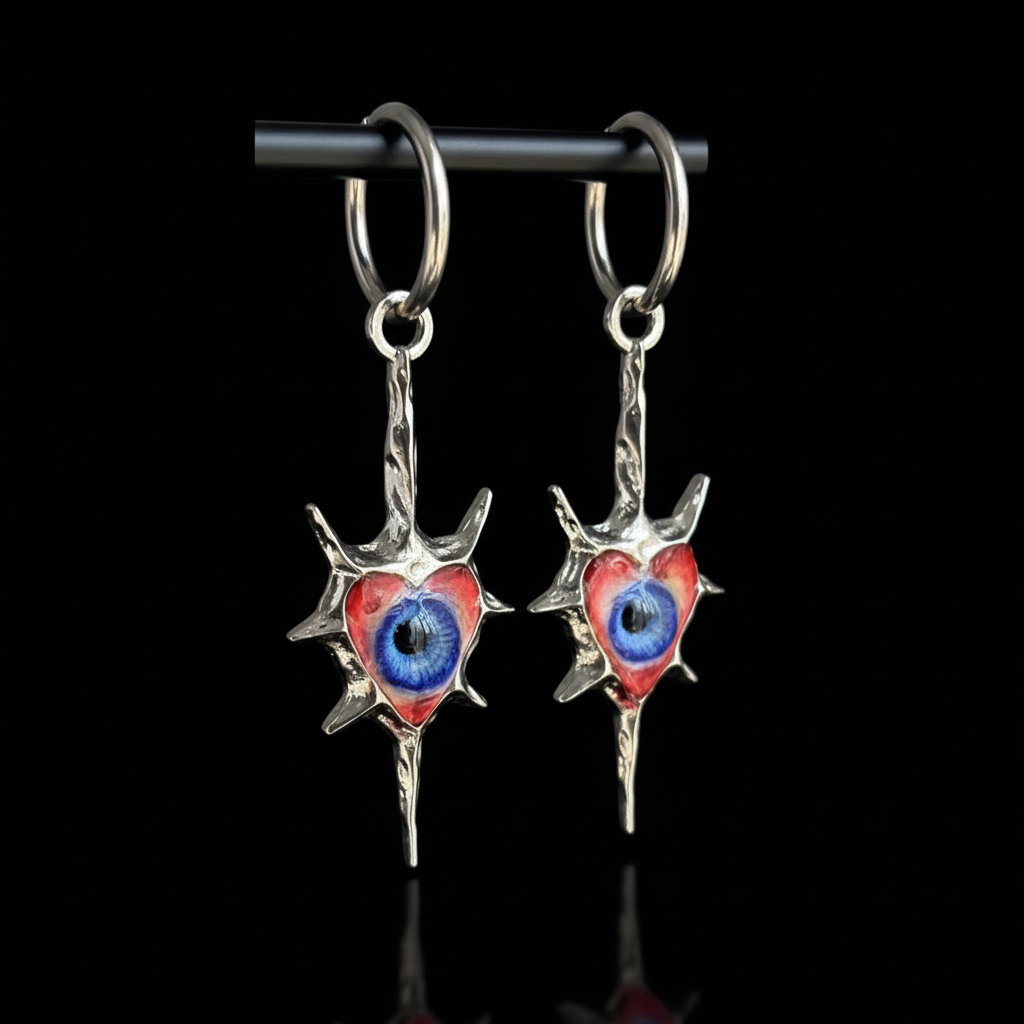Even My Heart Wears Armor — Gothic Spike Eyeball Heart Drop Earring - Awhisker