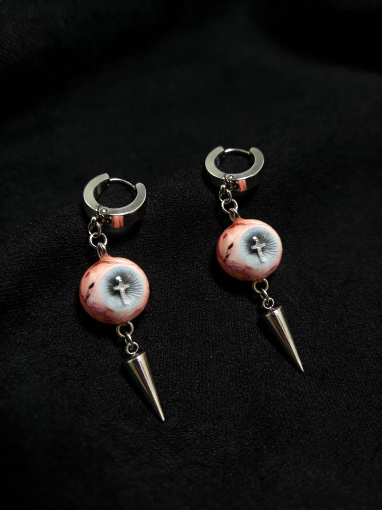 Handmade eyeball earrings with titanium steel hoop and metal spike