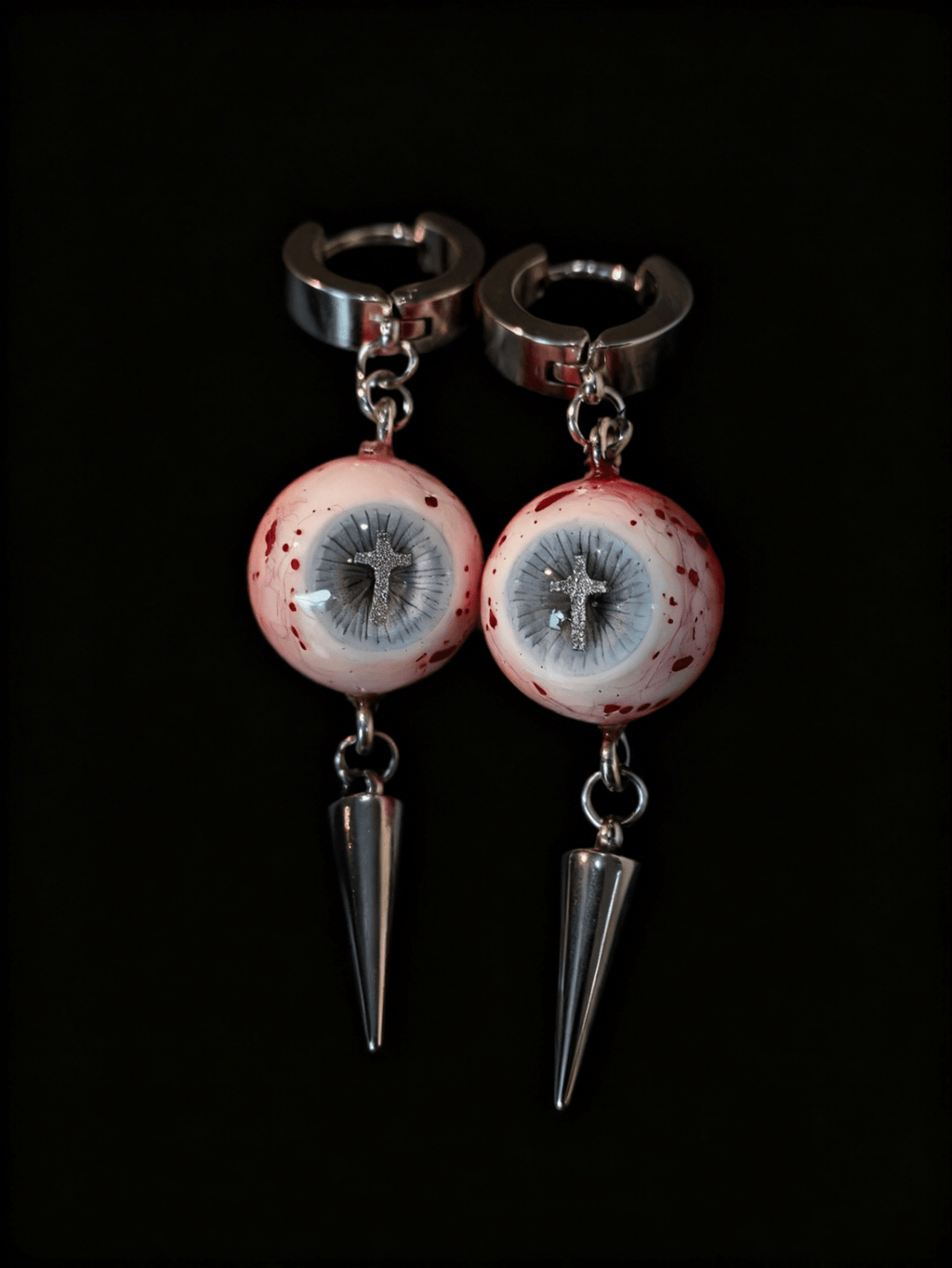 Heaven’s Mercy — Blue - Grey Eyeball Drop Earrings with Cross Pupil & Spike - Awhisker