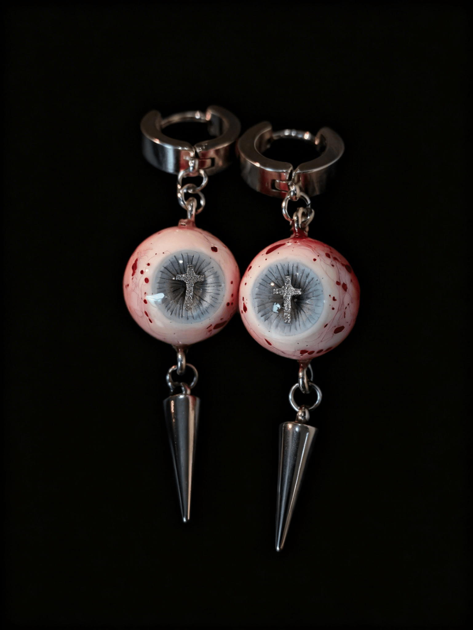 Heaven’s Mercy — Blue - Grey Eyeball Drop Earrings with Cross Pupil & Spike - Awhisker