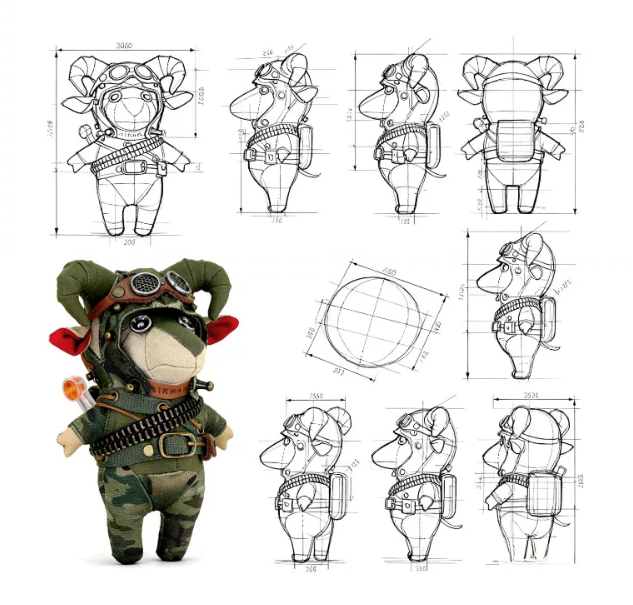 Concept design sheet and finished sample of the steampunk sheep plush keychain wearing an aviator cap, goggles, camouflage flight suit, ammunition belt and backpack, shown from multiple angles.