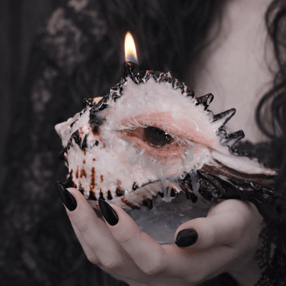 Angled view of conch shell candle holder with sculpted eye and exposed shell ridges