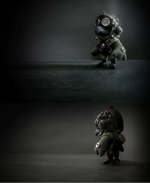 Handmade Bird Pilot Dark Version keychain side view — miniature Q-mode plush toy, gothic collectible, 9.5cm tall — Awhisker