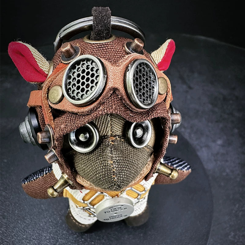 Aviator Pilot Dog Coffee Version — Mini Plush Keychain — side angle showing leather aviator jacket, brass hardware, compact body proportion — Awhisker
