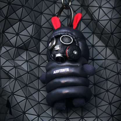 Techwear bunny with black tactical gas mask and navy quilted jacket. Dark gothic artisan art toy, macabre collectible.