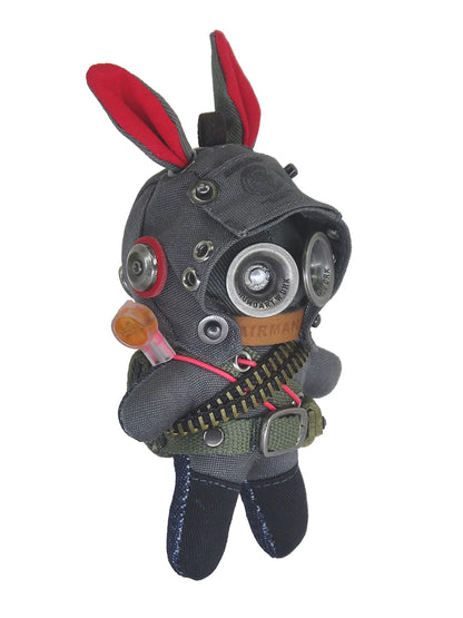 Dark tactical bunny figure wearing military utility belt and armored helmet. Gothic military aesthetic, macabre artisan art toy, post-apocalyptic collectible.