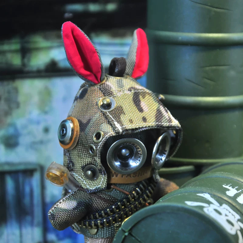 Dark gothic tactical bunny soldier with armored helmet and tactical vest. Macabre artisan art toy, wasteland designer collectible keychain.