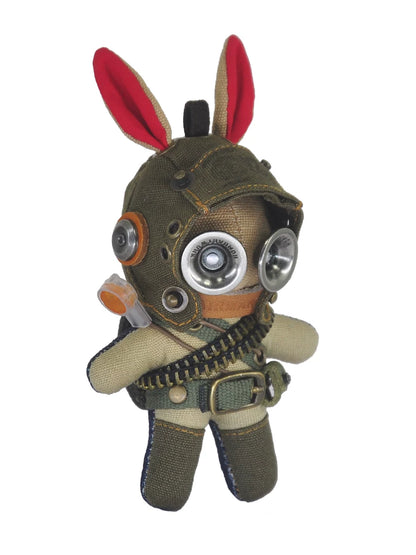 Gothic bunny soldier in gray tactical gear with goggled aviator helmet. Dark wasteland aesthetic, artisan art toy, macabre collectible.