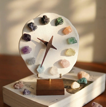 Mineral crystal clock on wooden book base, 12 gemstone hour markers in crystal rainbow colors. Artisan gothic home decor, crystal decor accent piece.