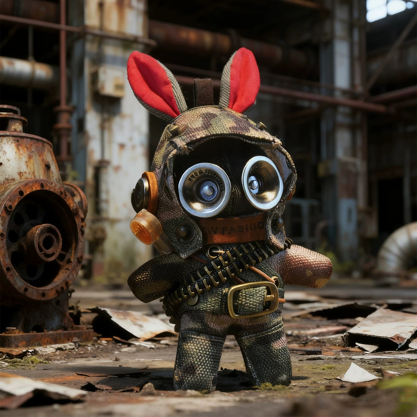 Gothic military bunny wearing camouflage tactical suit and utility belt. Dark artisan art toy, macabre post-apocalyptic keychain collectible.