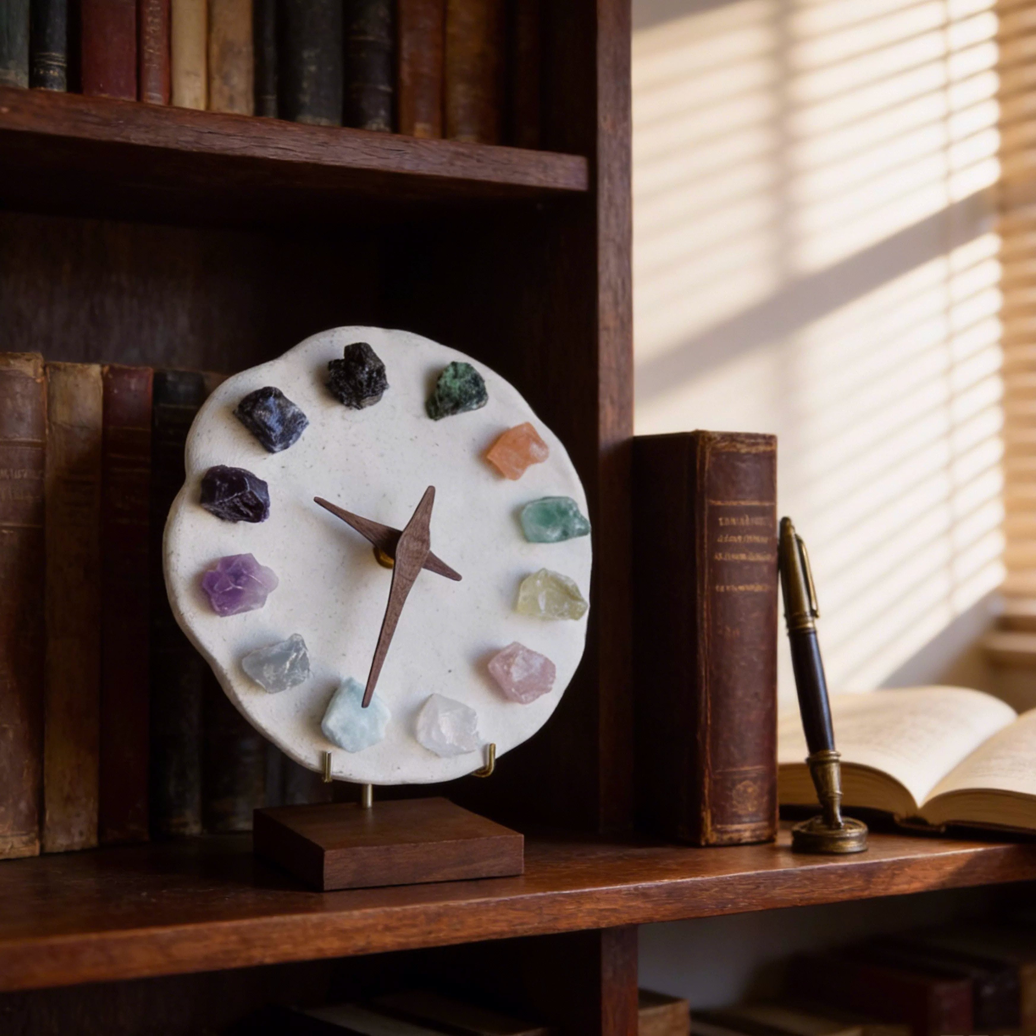 Dark mineral crystal clock on book display, 12 crystal hour markers in purple green blue. Artisan gothic decor, crystal collector aesthetic, witchy home accent.