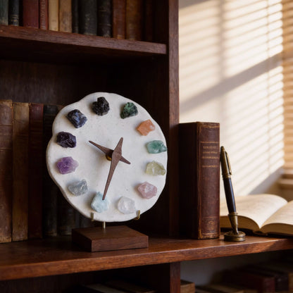 Dark mineral crystal clock on book display, 12 crystal hour markers in purple green blue. Artisan gothic decor, crystal collector aesthetic, witchy home accent.