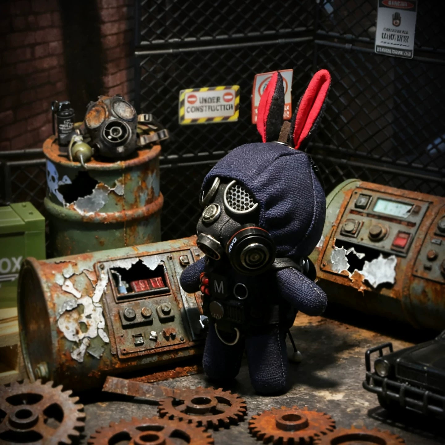 Dark gothic bunny in black gas mask with chrome breathing filter and tactical vest. Macabre artisan art toy, designer keychain.