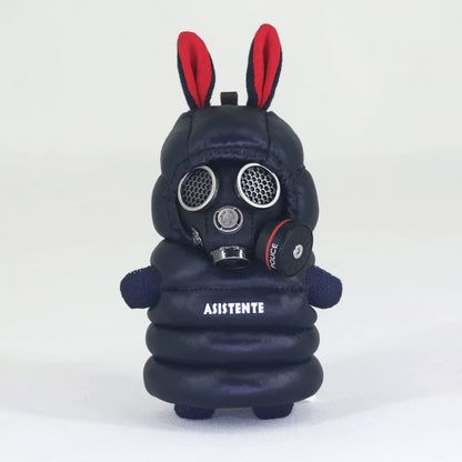 Techwear bunny with detailed gas mask and armored jacket. Dark gothic artisan designer art toy, macabre collectible.