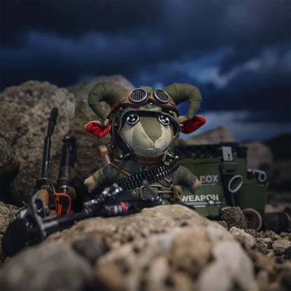 Camouflage-pattern lamb figurine in military green with dark textile texture. Dark gothic artisan keychain, macabre collectible.