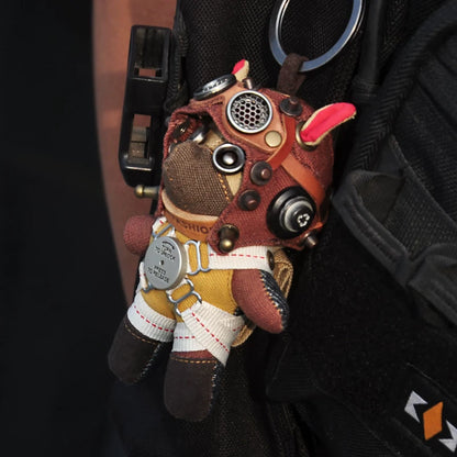 Aviator Pilot Dog Coffee Version — Mini Plush Keychain — face close-up showing detailed miniature pilot dog expression, brass goggle frames, leather cap detail — Awhisker