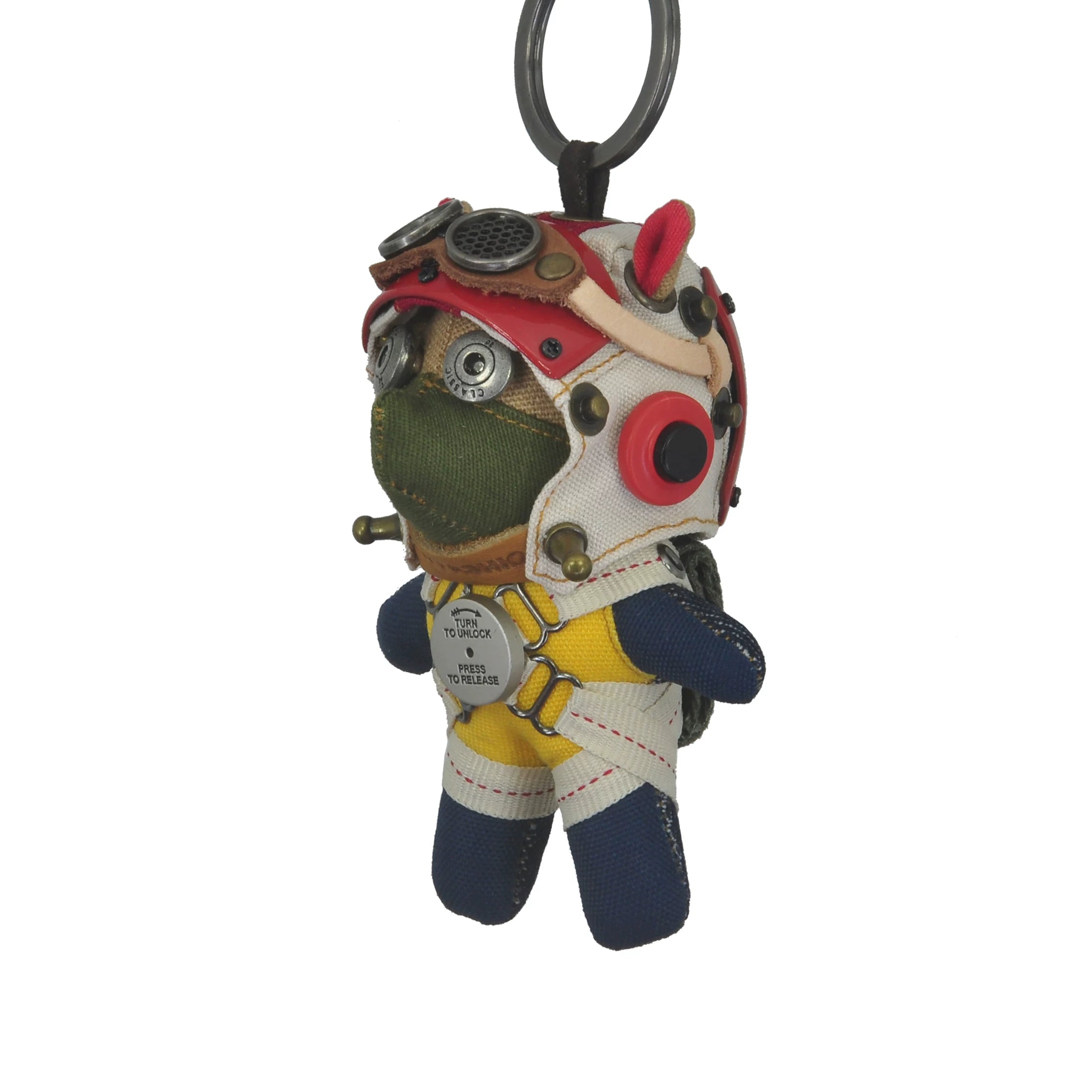 Dark gothic pilot dog figure wearing leather bomber jacket with vintage aviation details. Macabre artisan designer art toy, dark collectible.