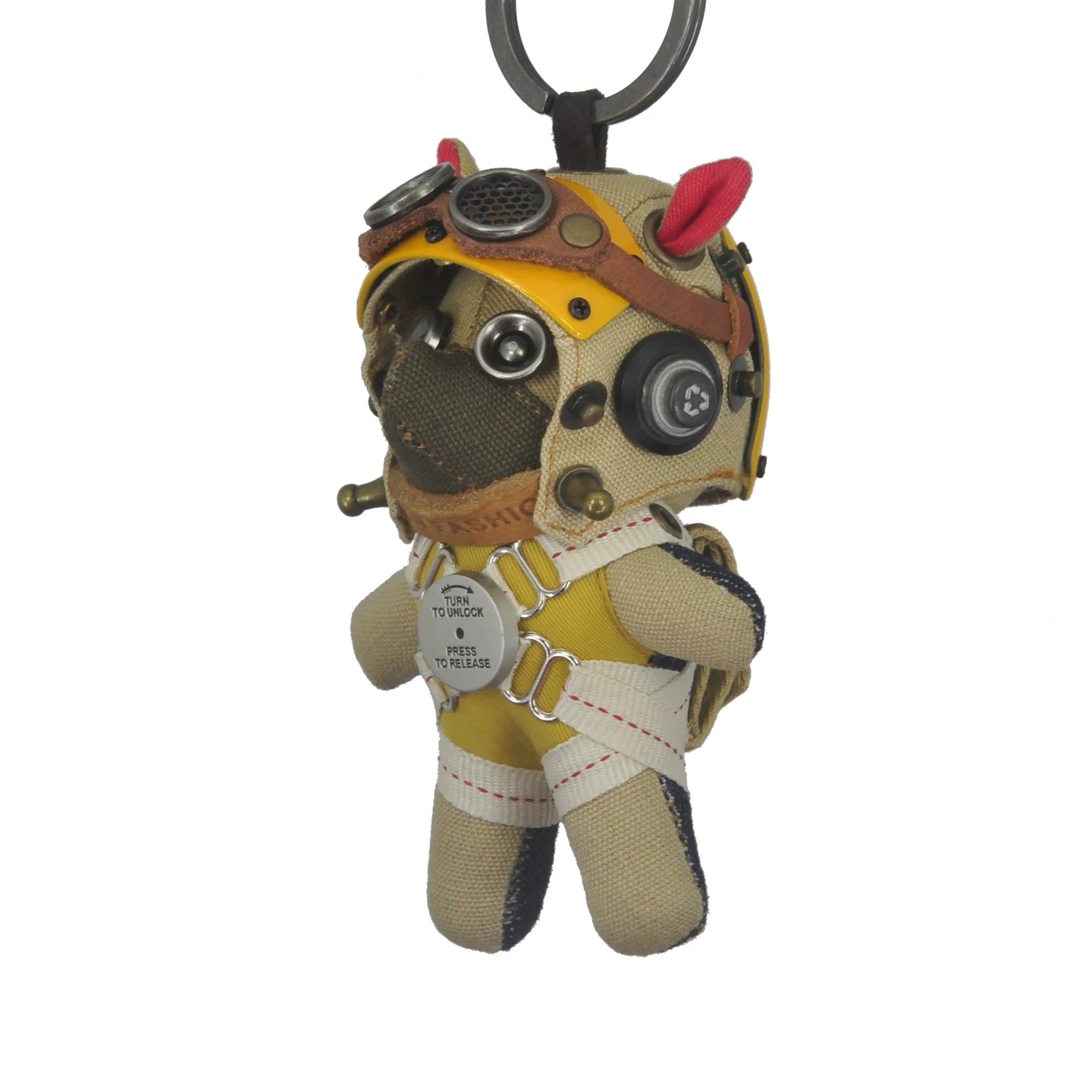 Gothic aviator dog in dark leather flight gear and round goggles. Macabre artisan art toy, vintage dark designer keychain.