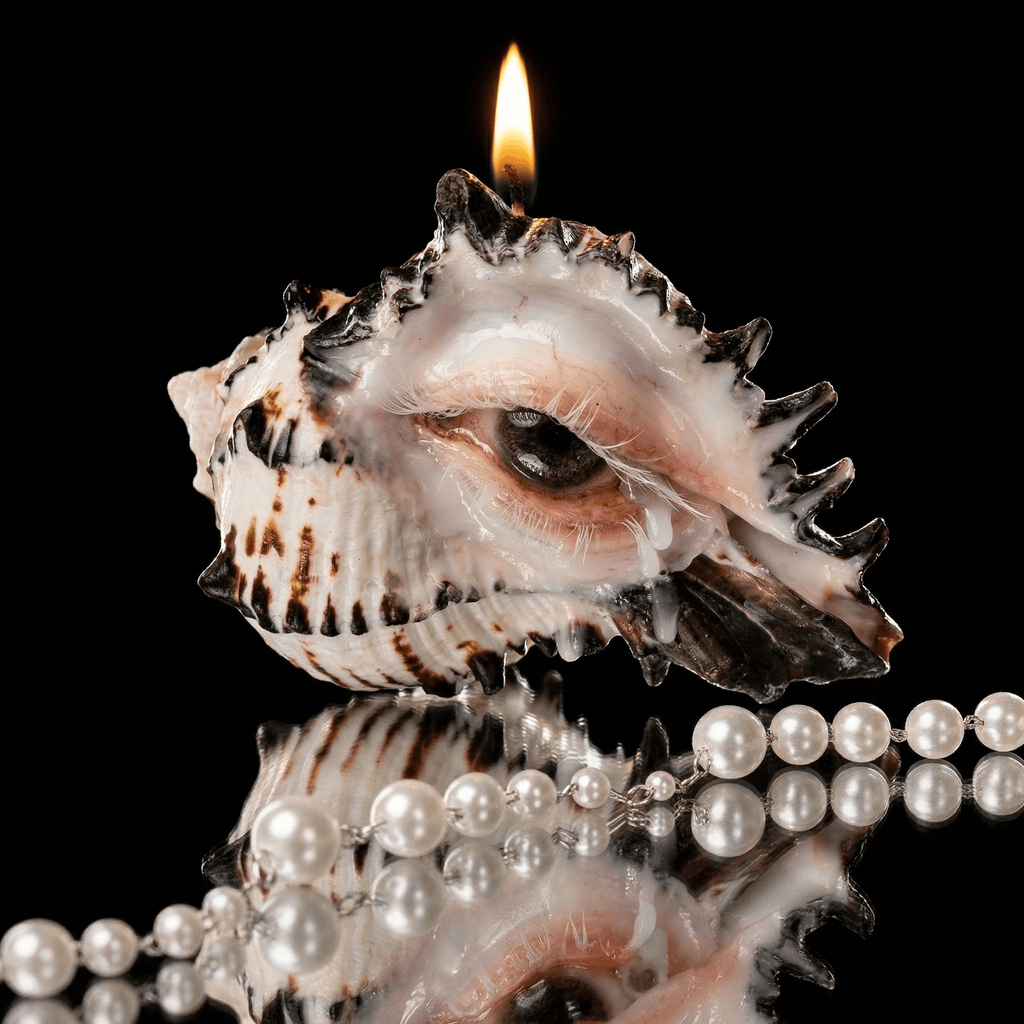 Lit conch shell candle holder with sculpted eye and resin detail on black reflective surface