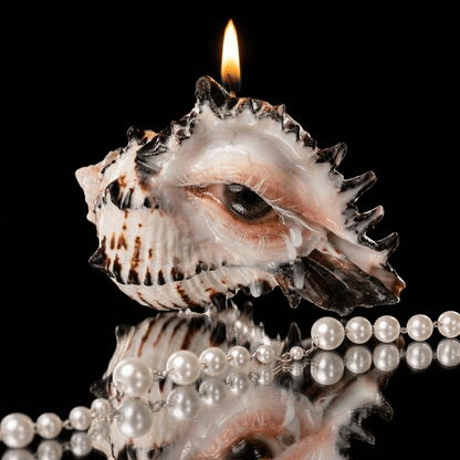 Lit conch shell candle holder with sculpted eye and resin detail on black reflective surface