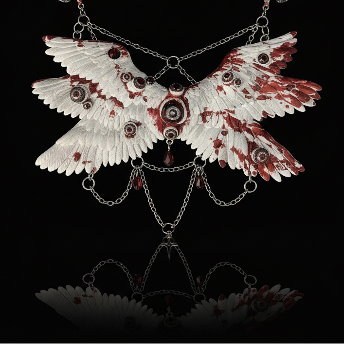 Angel cage ceramic body chain, white double wing with red splatter, embedded eyeballs, silver chains on black reflective