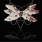 Angel cage ceramic body chain, white double wing with red splatter, embedded eyeballs, silver chains on black reflective