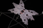 Oddity ceramic angel wing chain relic in low-key dramatic light — white feather form dissolves at its edges into surrounding darkness, glass eyeball surfaces catching isolated light points. The artifact appears to generate its own gravity.