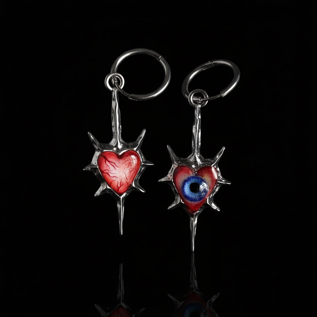 Even My Heart Wears Armor — Gothic Spike Eyeball Heart Drop Earring - Awhisker