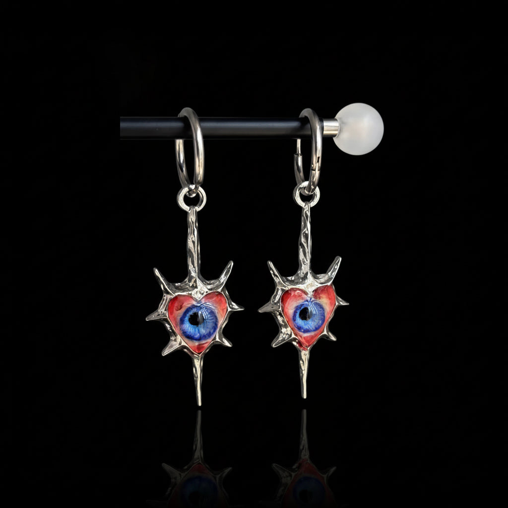 Even My Heart Wears Armor — Gothic Spike Eyeball Heart Drop Earring - Awhisker