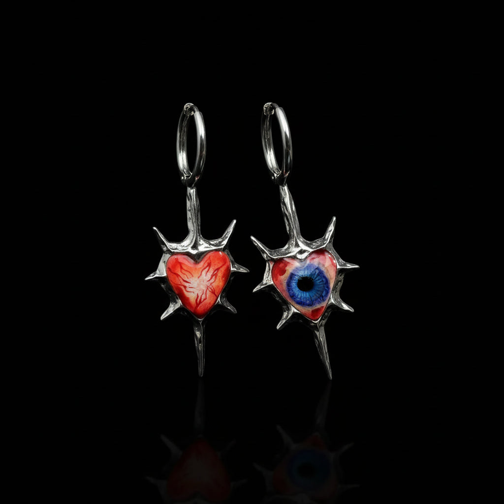 Even My Heart Wears Armor — Gothic Spike Eyeball Heart Drop Earring - Awhisker