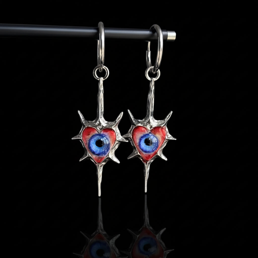 Even My Heart Wears Armor — Gothic Spike Eyeball Heart Drop Earring - Awhisker