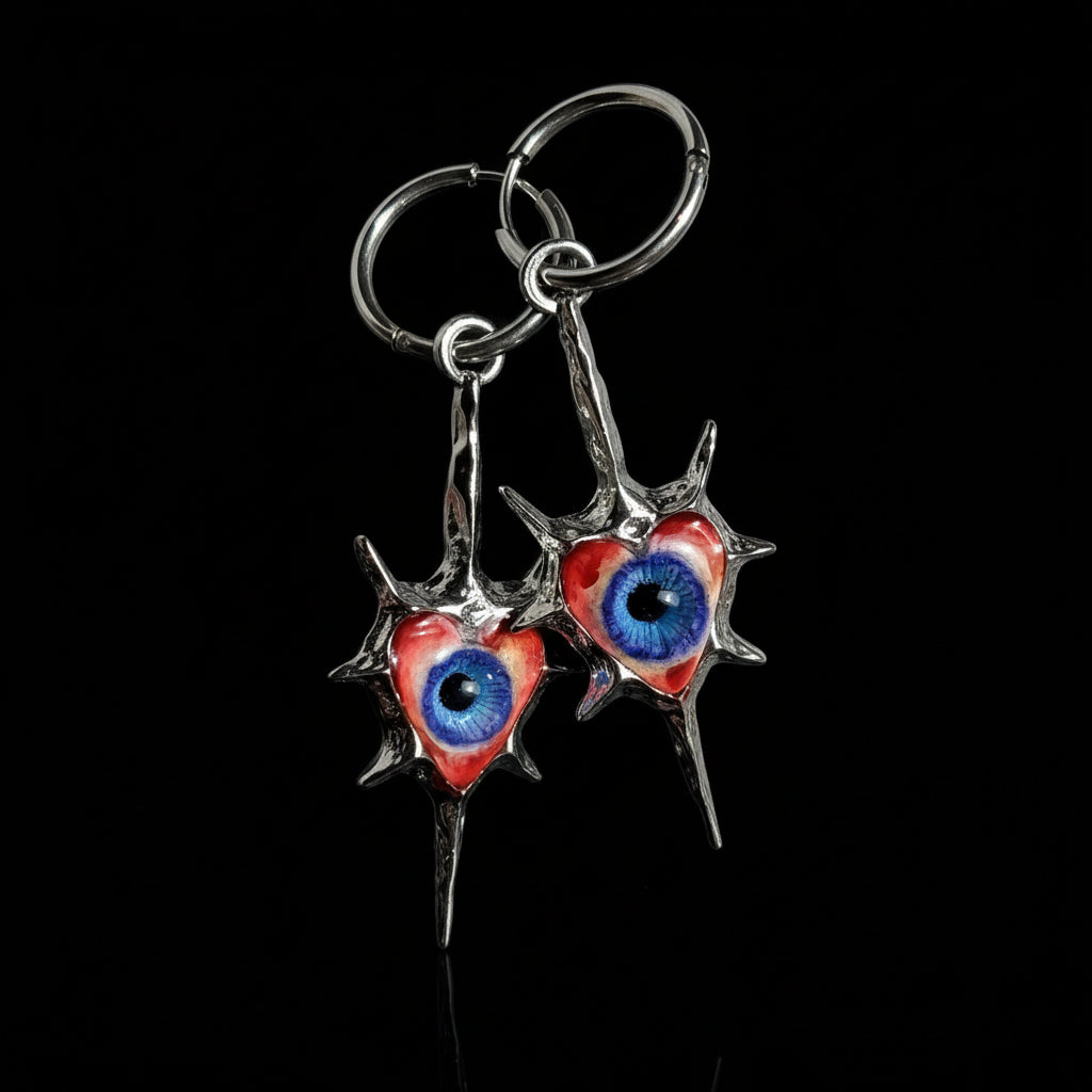 Even My Heart Wears Armor — Gothic Spike Eyeball Heart Drop Earring - Awhisker
