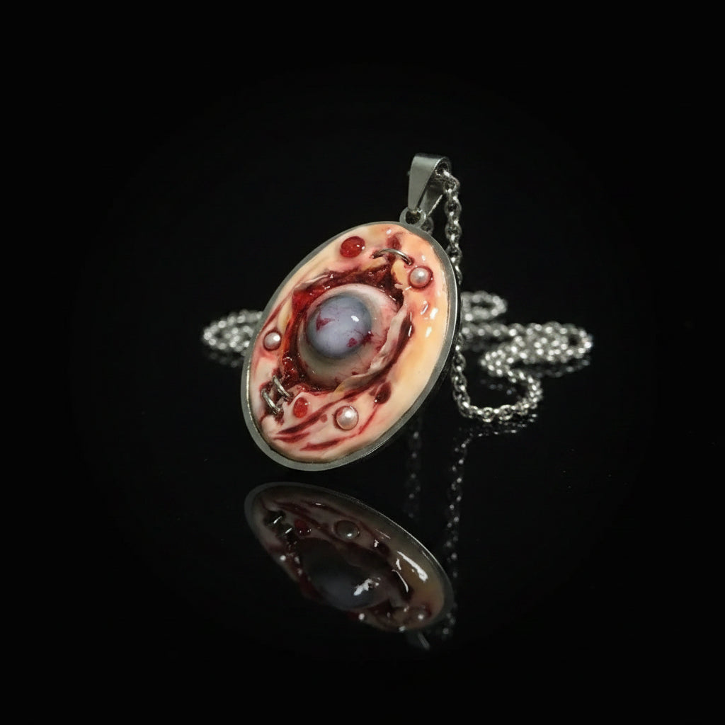Close-up of oval pendant with embedded pearl beads and silver staples, raw flesh texture and glossy eyeball detail on black