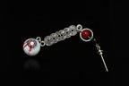 Single gothic bloodshot eyeball coin chain earring, red black bead accent, silver post on black