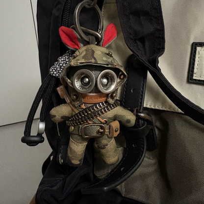 Dark gothic tactical bunny soldier in camouflage tactical gear and armored helmet. Macabre artisan art toy, post-apocalyptic designer collectible.