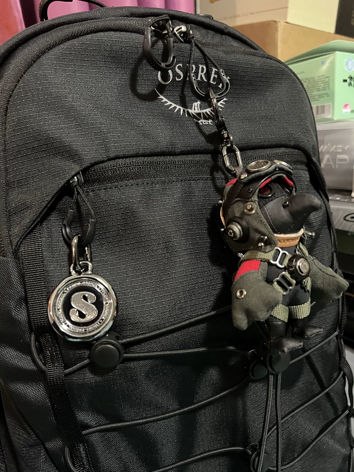 Handmade Bird Pilot Dark Version styled — bird keychain worn on backpack, gothic dark aesthetic outfit styling — Awhisker
