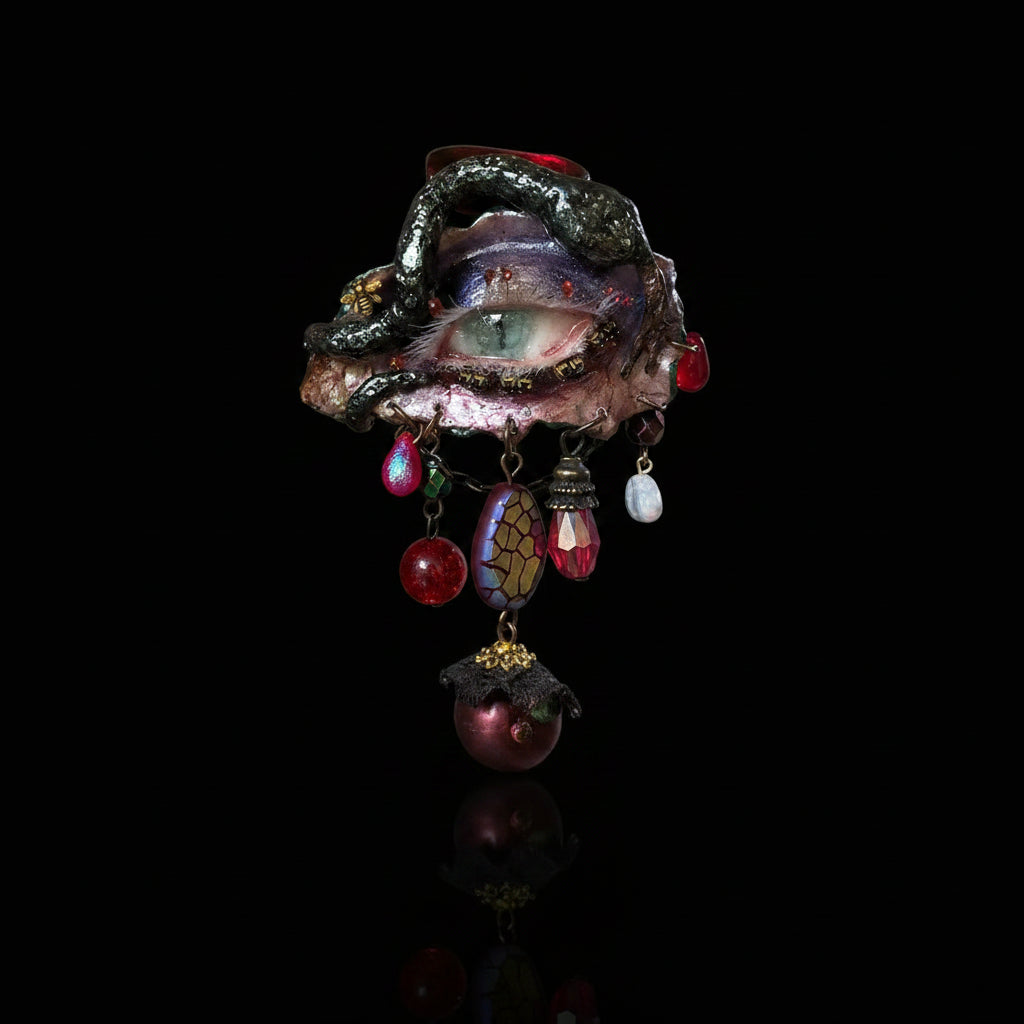 A gothic enamel brooch with a blue-green iris eye, pink eyelashes, snake-like vine border, and dangling iridescent beads, teardrop crystals, pearl, mosaic, and bee charms against a black background