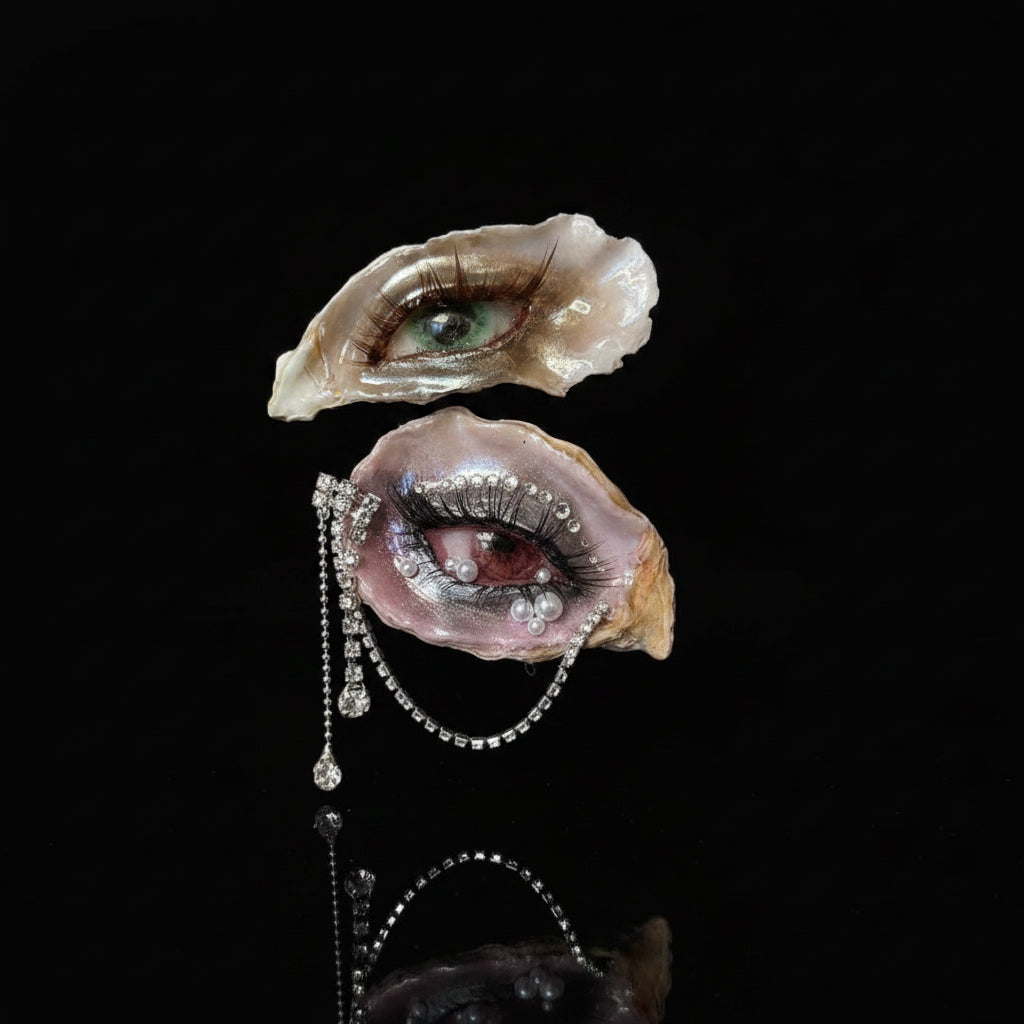 Two oyster shells transformed into surreal eye art pieces with green cat-eye irises, pink eyelids, white pearl tears, and a teardrop pearl chain, held by a hand against a beige striped wallpaper